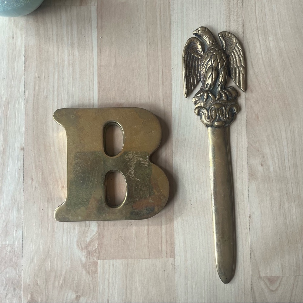 Brass Letter B Paper Weight and Eagle Brass Letter Opener Set